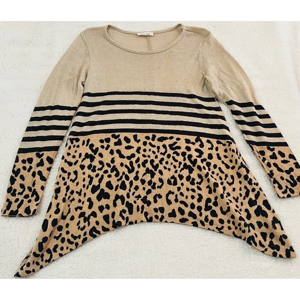 Phil Love Womens Small Tan Leopard Stripe Sharkbite Hem Tunic Top Made in USA